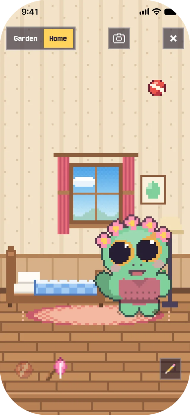 Play screen at Home: Pıtır stands on a rug in its room with a bed, a window, a lamp and a picture; a ball floats in the air.