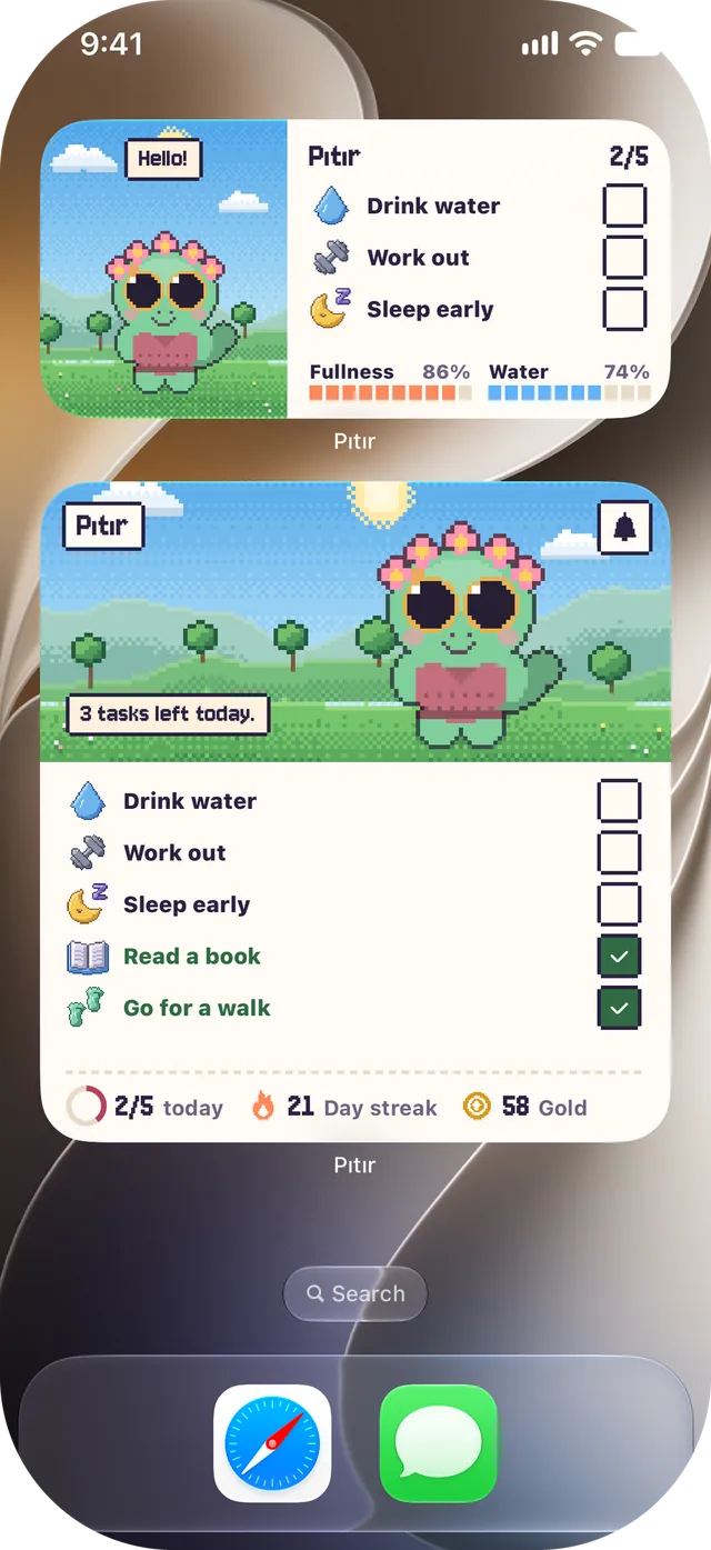 Home Screen with two Pıtır widgets: a medium widget with Pıtır and three habits, and a large widget with Pıtır, five habits, the streak and gold.