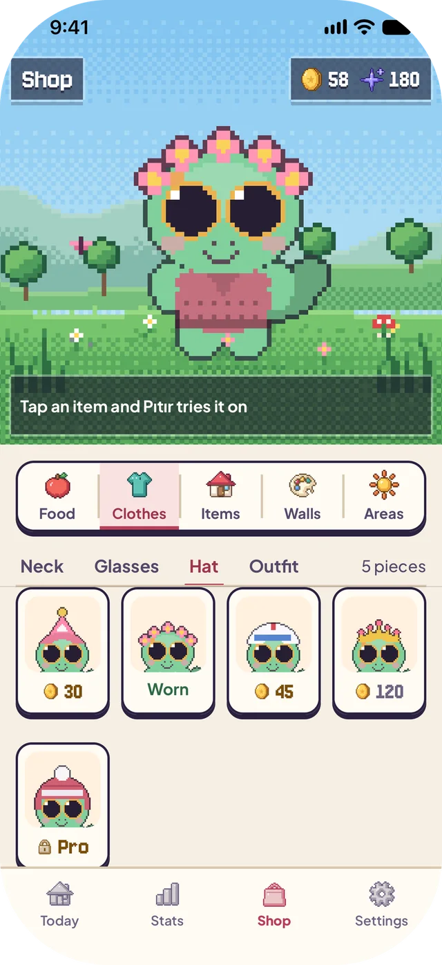 Shop: Pıtır wears a flower crown and a sweater in its meadow; below, tabs for Food, Clothes, Items, Walls and Areas and a grid of hats with gold prices.