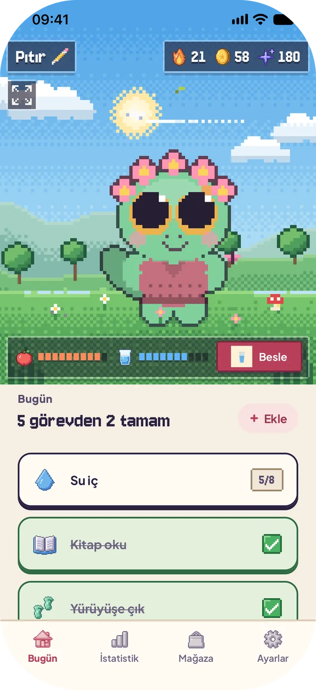 Bugün ekranı: çiçek taçlı, kazaklı Pıtır güneşli çayırında; Tokluk ve Su barları, Besle düğmesi ve bugünün alışkanlıkları, 5’te 2 bitti.