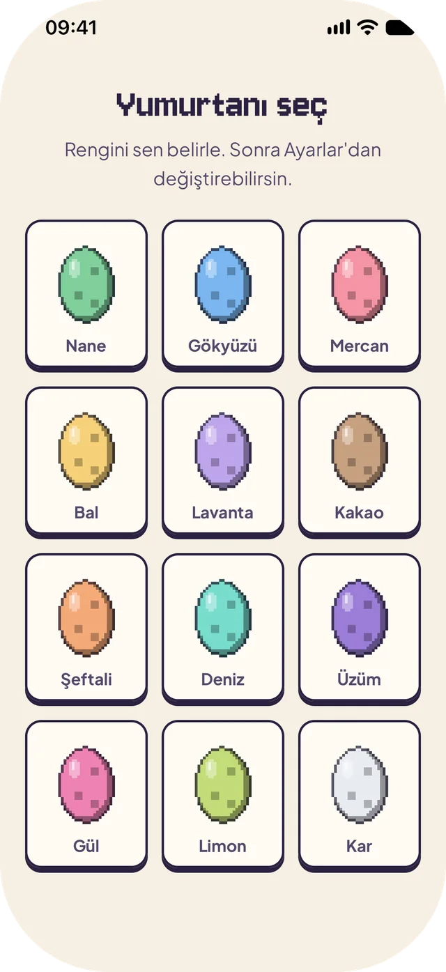 Yumurtanı seç: nane, gökyüzü, mercan, bal, lavanta, kakao, şeftali, deniz, üzüm, gül, limon ve kar renginde on iki yumurta.
